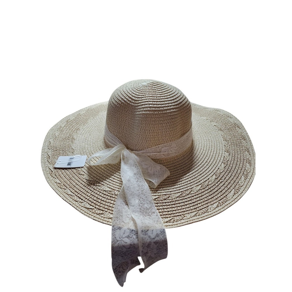 My Michelle Beige Wide‎ Brim Paper Straw Sun Hat Lace Bow OS NWT